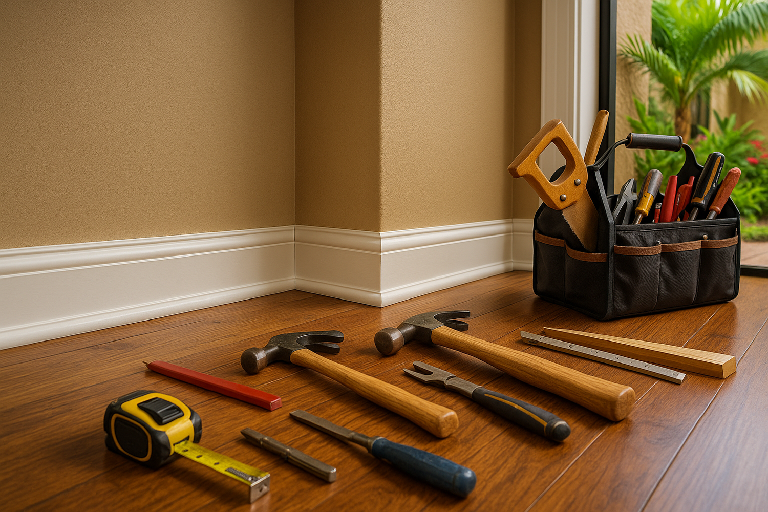 Carpentry tools with a tropical backdrop