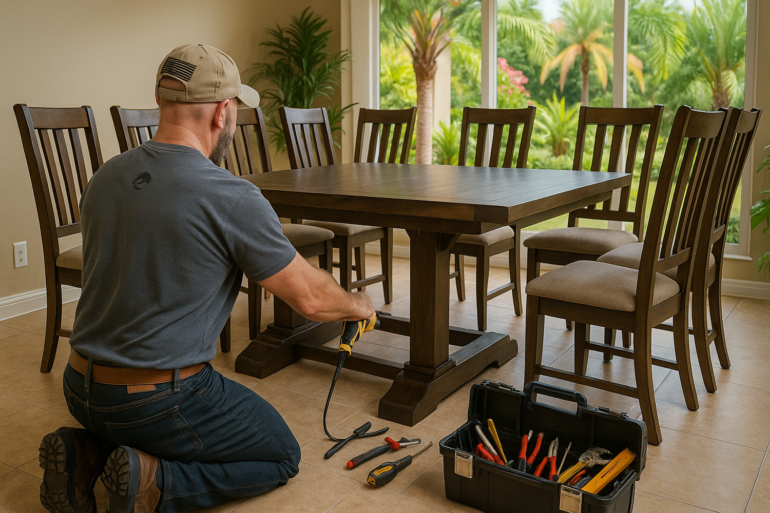 Handyman assembling a rustic dining table